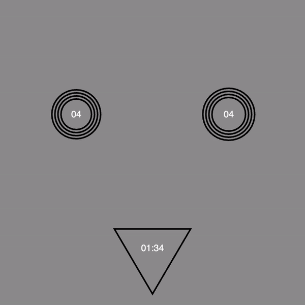 An early iteration of the owl clock sketched out above. Against a gray background, the number of black concentric circles forming the eyes of the owl increase by with every passing second. Inside each eye, the number of seconds that have passed are written out in white text and update as each ring is added to the eyes. A black triangle beak contains the hour and minute written out in white text.