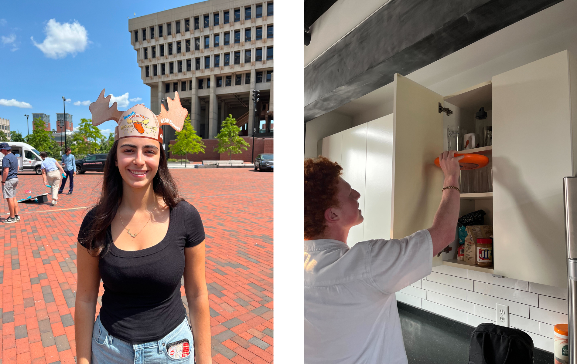  Elissa smiles for the camera. She wears a paper hat complete with moose antlers. Andy reaches for a frisbee from the kitchen cupboard. He is planning to drink a beverage out of it.