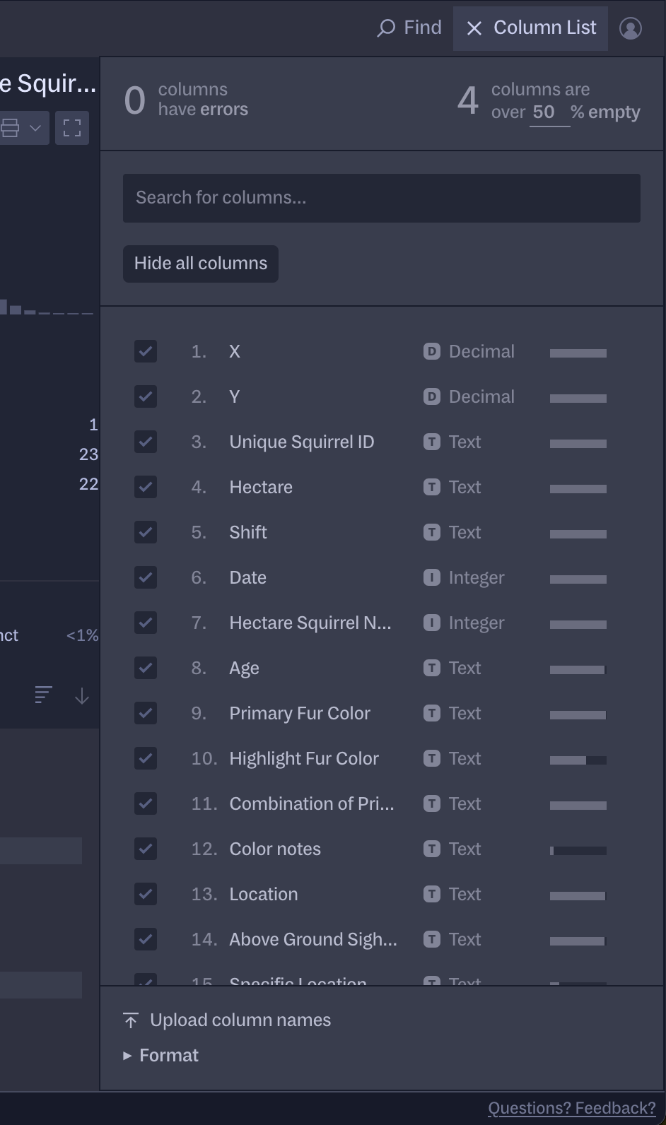 List of column names, with some additional information about data type, the emptiness of the column, and controls for hiding or showing the column.